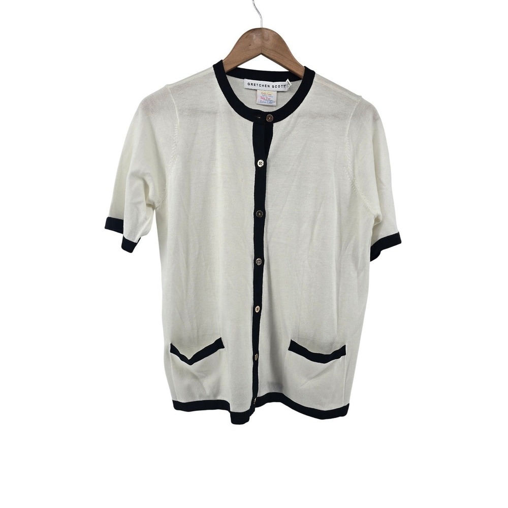 Gretchen Scott Cardigan Womens S Cherry On Top White Black Button Down NEW